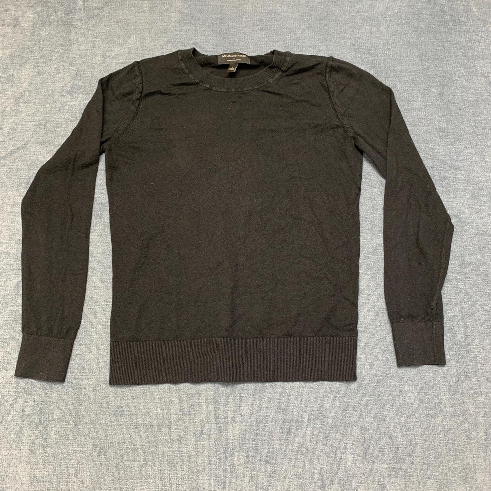 Banana Republic Forever Sweater Mens Small Black Cotton Tight Knit Ribbed Hem